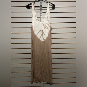 Primi Tan White Tank Midi‎ Dress Large Raw Hem Tie Dye